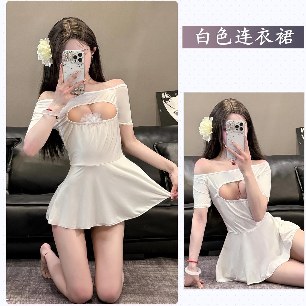 Sexy Underwear, Sexy Hollowed-out One-word Shoulder Ice Silk Nightdress, Pure Desire, Lotus Leaf Edge, Super Short Free Women