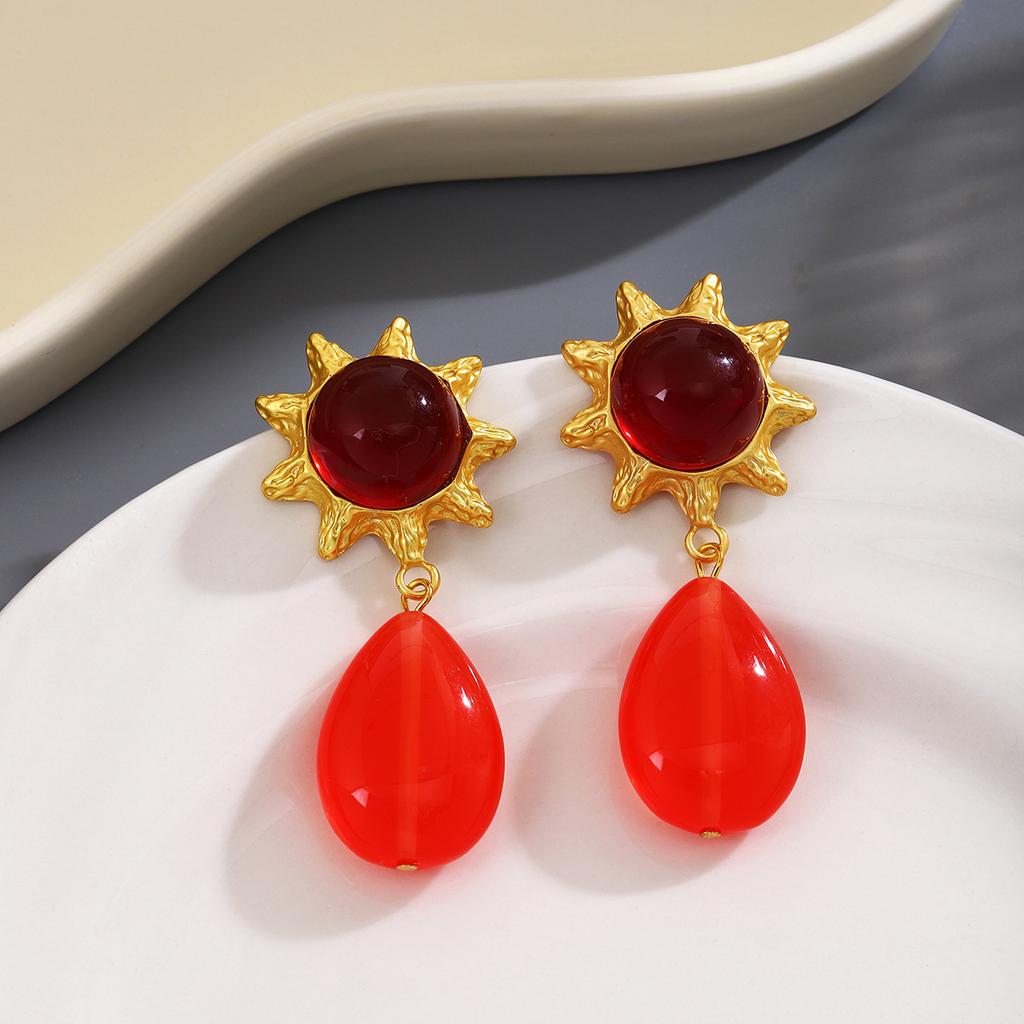Design Sense Three-Color Sun Flower Stud Earrings, Retro Personality Geometric Water Drop High-End Sense Earrings For Women