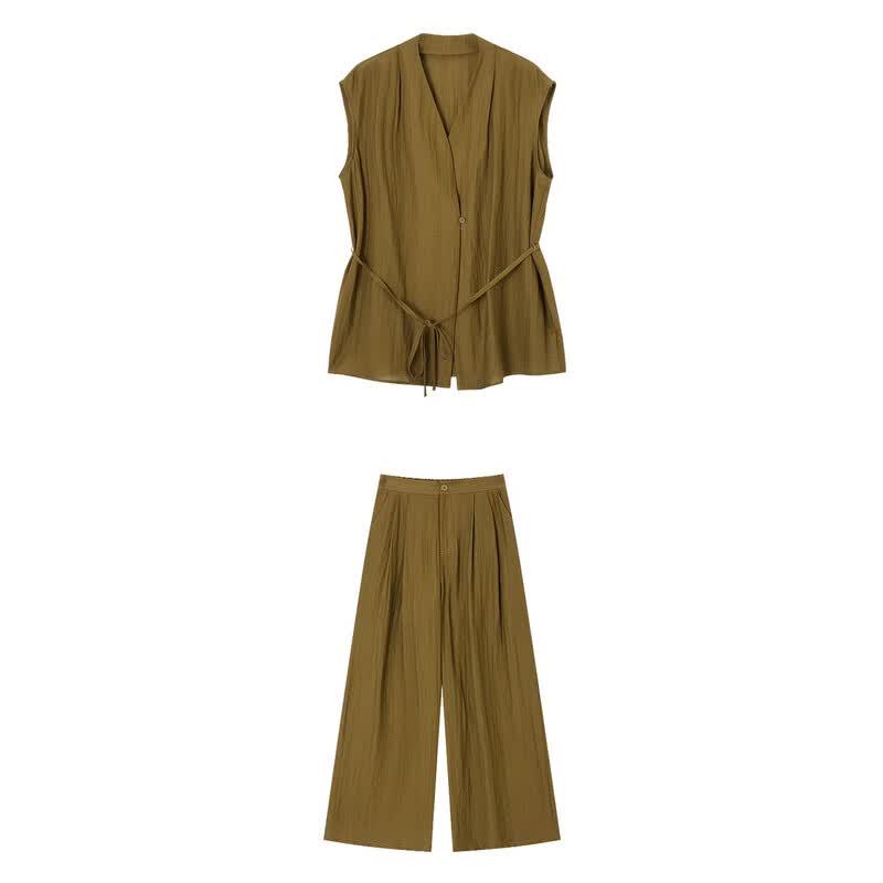 Demana Summer Minimalist V-Neck Sleeveless Top & Wide-Leg Pants Set
