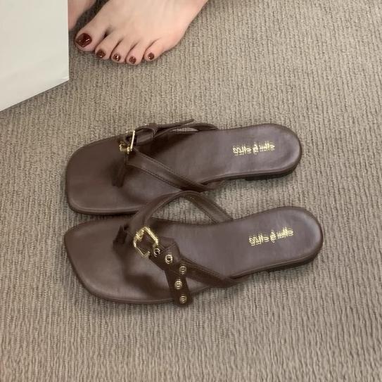 Women's Slippers Buckle Flip Flops Square Toe Sandals Flats Casual Shoes Woman Loafers 2025 Trend Summer Shallow Comfort Slides