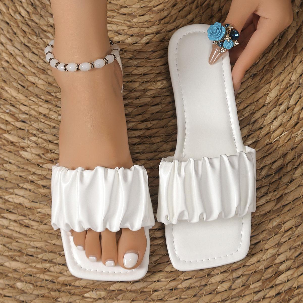 

2025 slippers women ins tide summer new pleated flat shoes Internet celebrity explosion sandals half slippers outside 36 белый