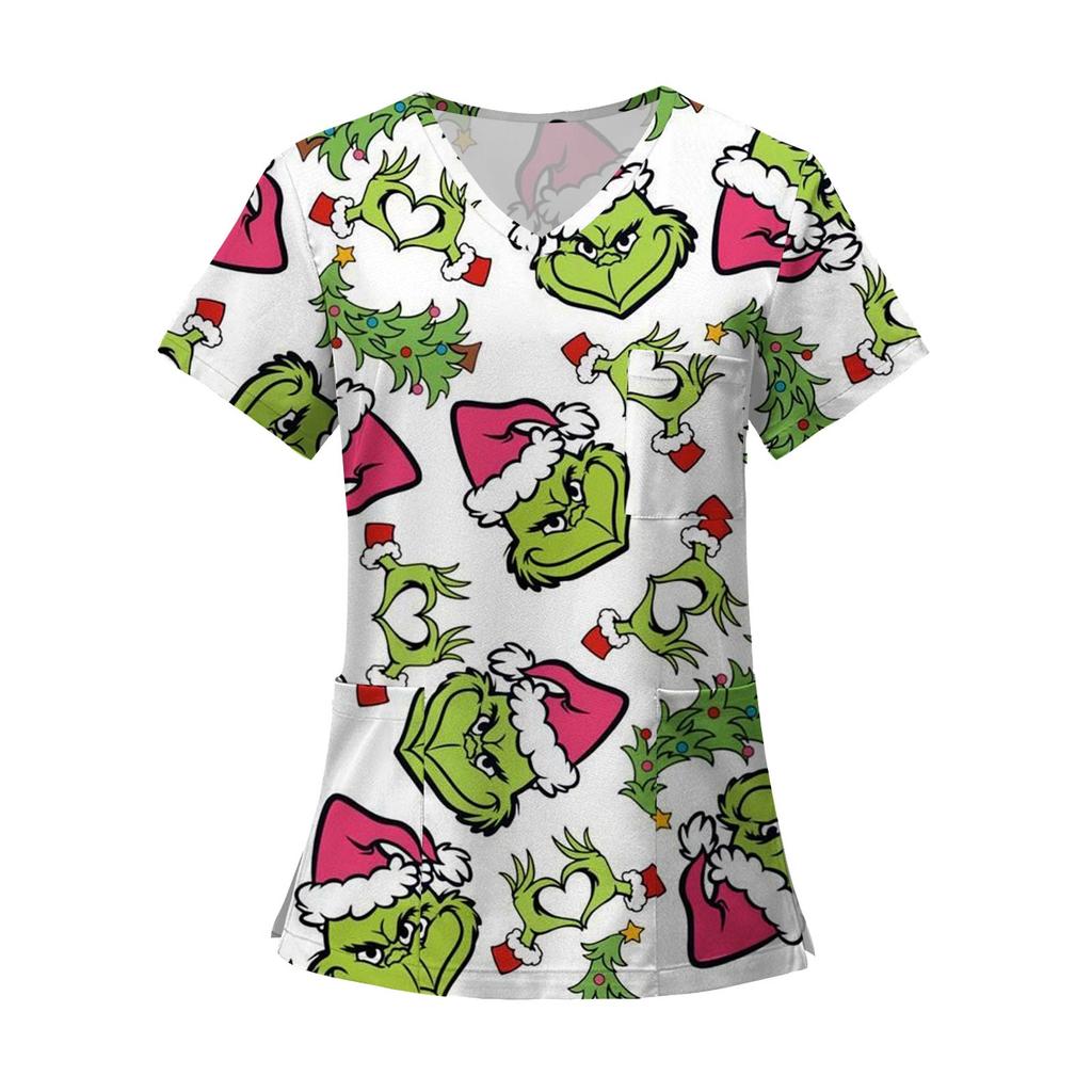 Women's Fashion Printed Short Sleeve V Neck Pattern Tops Pocket Working T-shirts