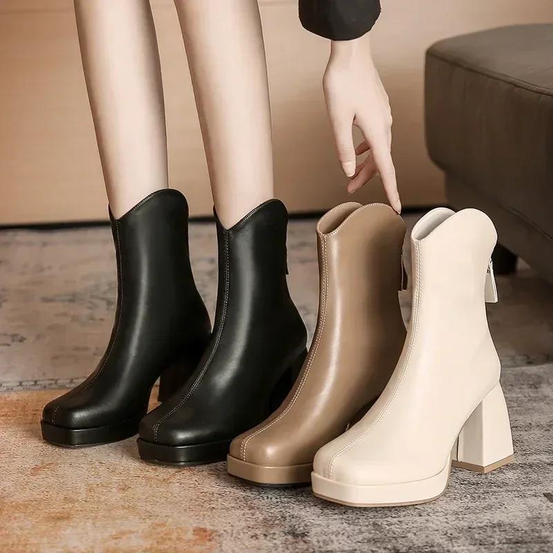 High Heels Short Boots Women Fashion Shoes 2024 new Autumn Winter Chunky Heels Waterproof Square Toe Plus Size Ankle Boots