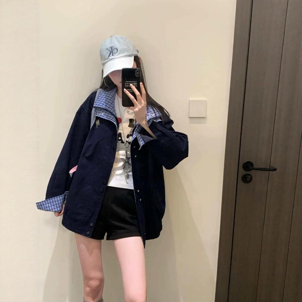 Women's Retro Plaid Patchwork Color Block Jacket - Trendy Loose Fit for Spring/Autumn