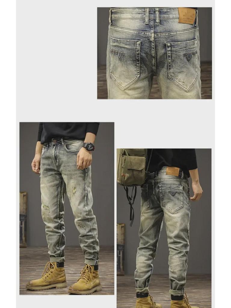 Pánské retro džíny s roztrhaným vzorem a úzkým střihem na jaro a léto