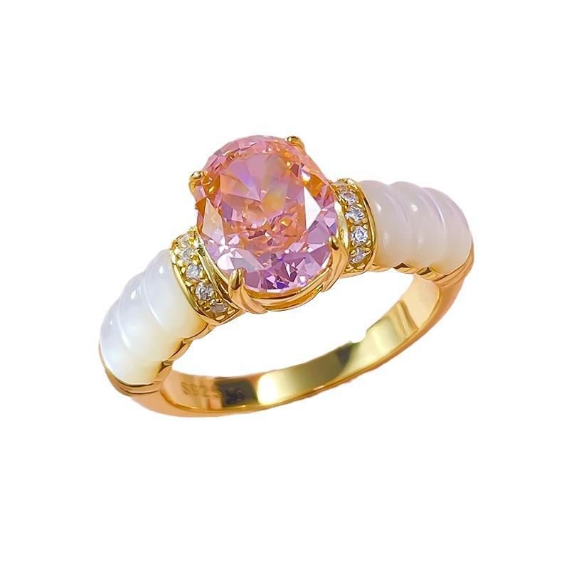 Luo Xi Temple 2024 Ice Flower Cut Ring: S925 Sterling Silver, White Mother-of-Pearl, Padparadscha, High Carbon Diamond, 7x9mm.