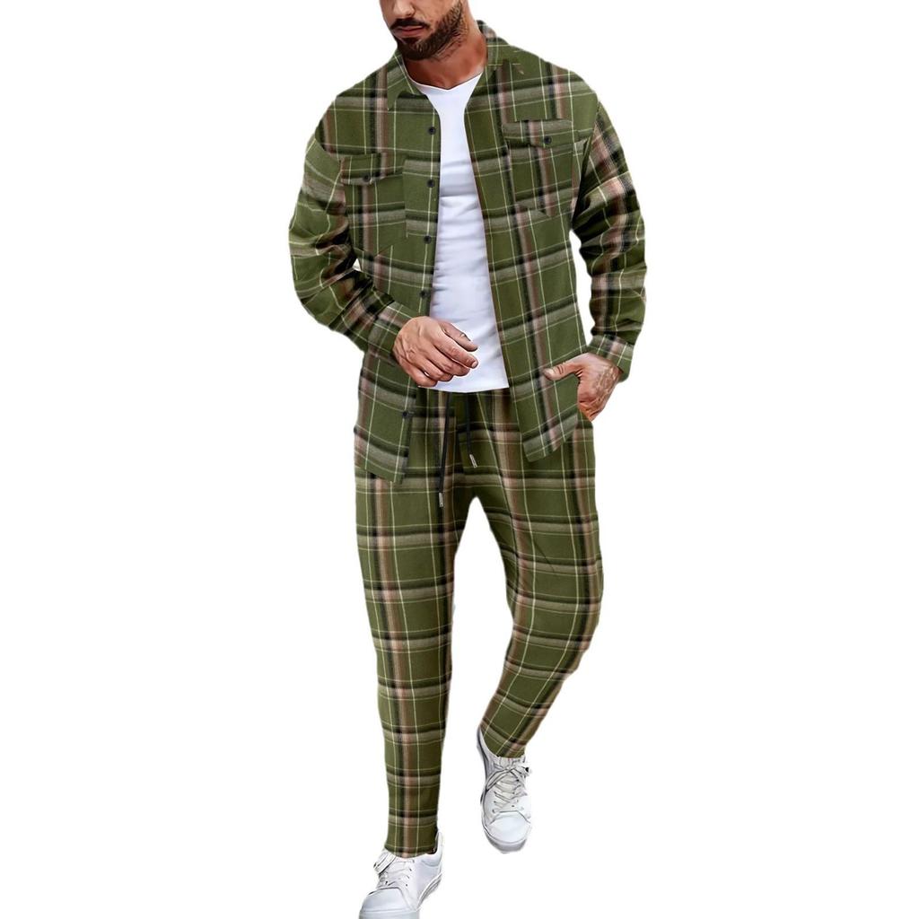 Men's Autumn Plaid Long-Sleeve Shirt and Pants Casual Sports Set