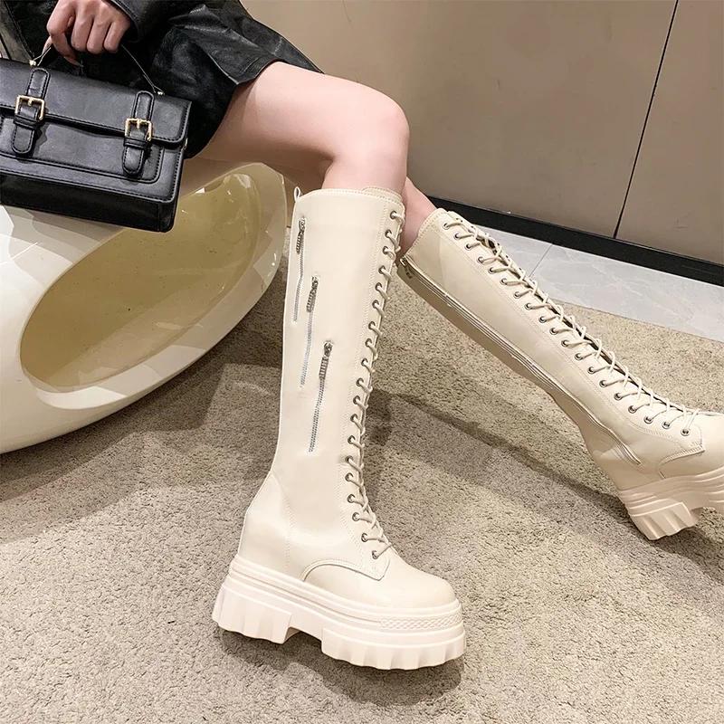 Móda Dámské silné podpatky Motocyklové vysoké boty Nové zimní 11CM robustní jezdecké boty PU kůže Rytířské boty Dámské zipové vysoké boty po koleno Botas