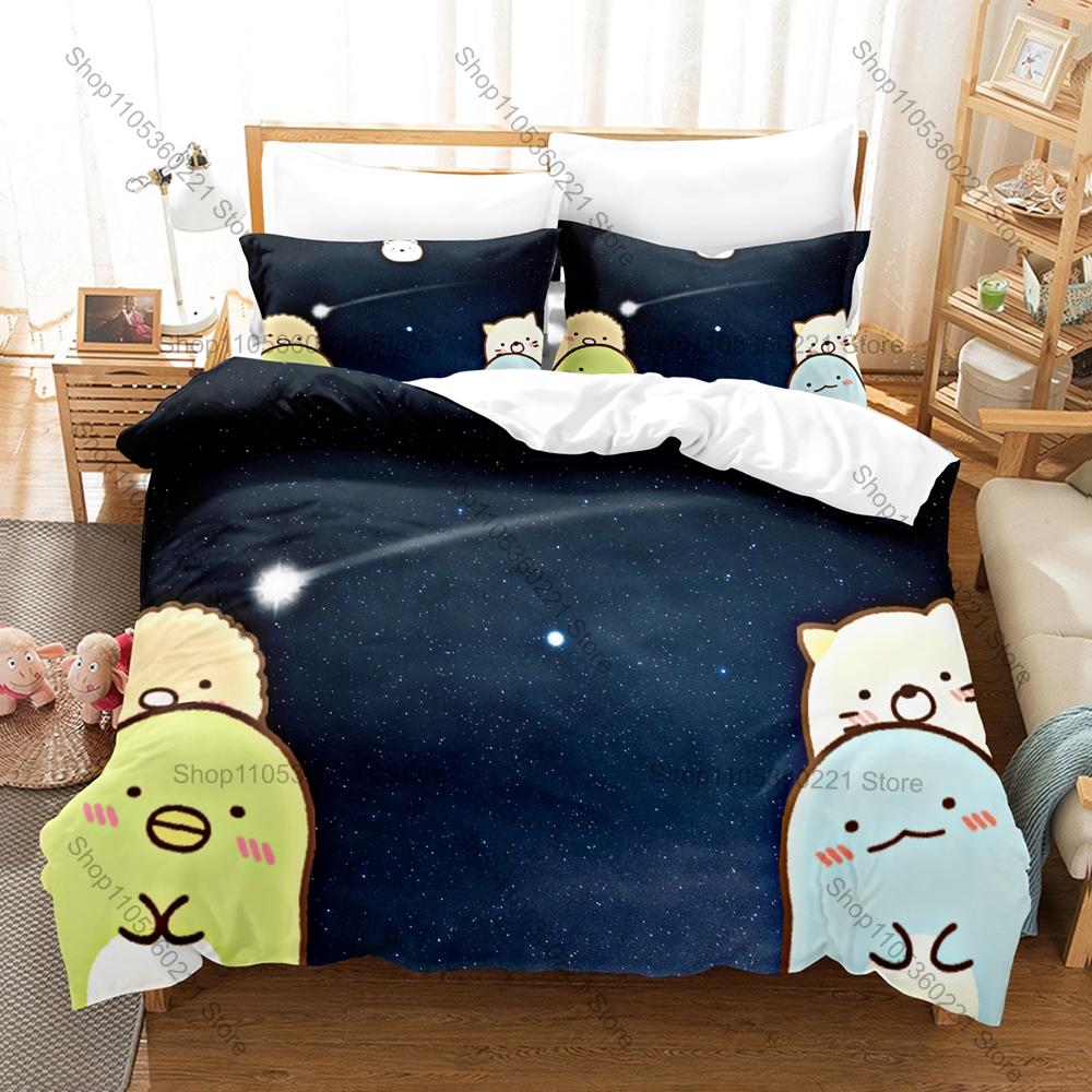 Sumikkogurashi Printed Bedding Set, Duvet Cover plus 2 Pillowcases, Adorable Cartoon Style Soft Microfiber Textiles