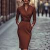 Women's Casual Long Sleeve Color Pocket Dress with Belt for Everyday Wear