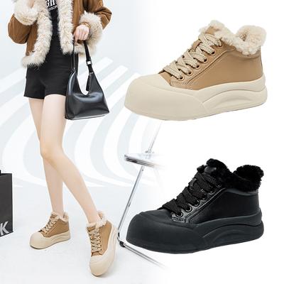 2025 Autumn and Winter New Wool Cotton Shoes Women's Leather Plush Thick-soled Snow Board Shoes Women's Warm Mid-top Bread Shoes