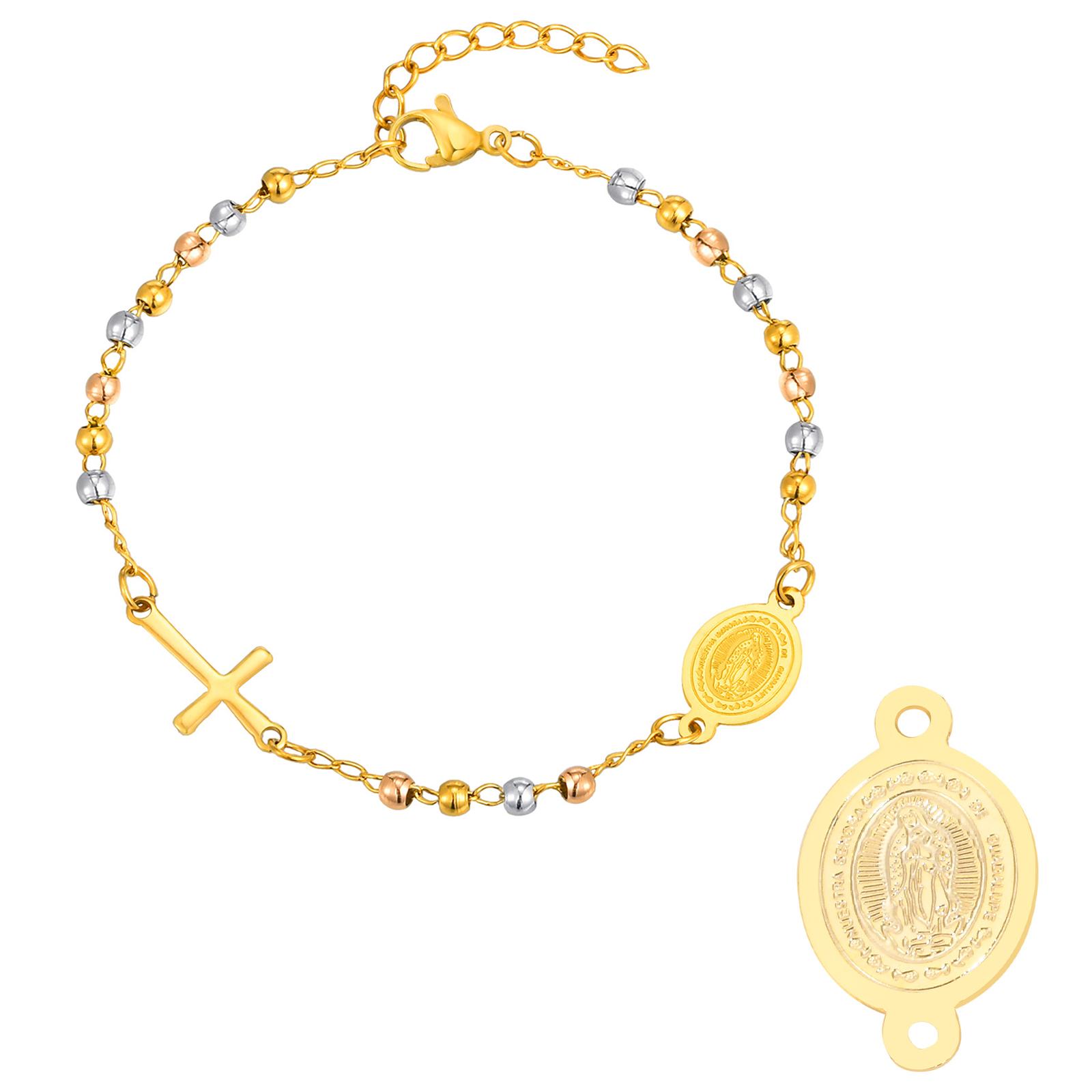 Imitation Pearl Holy Rosary Cross Virgin Mary Bracelet, Stainless Steel Round Beads Chain St Benedict Bracelet,Religious Jewelry