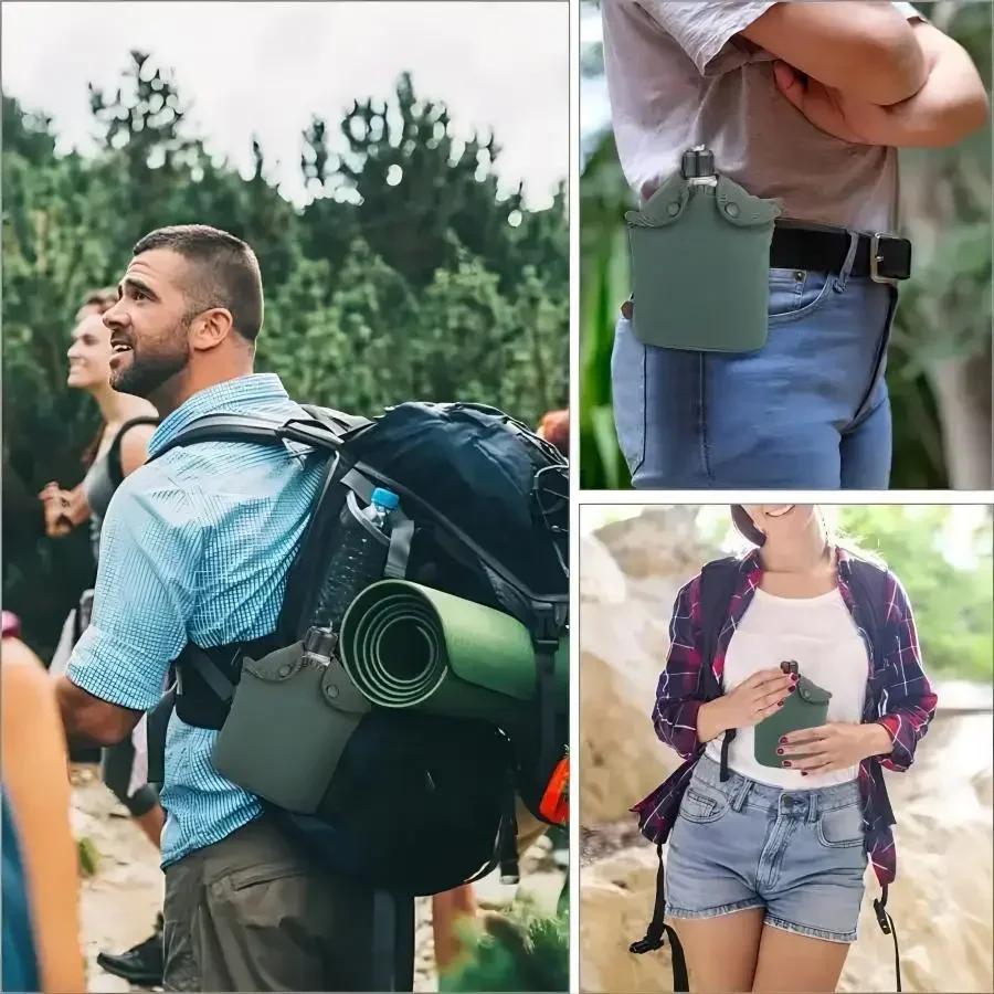 Aluminum Water Canteen Cup Stove Pouch Set Portable Military Canteen with Cup for Camping Survival  Hiking Backpacking