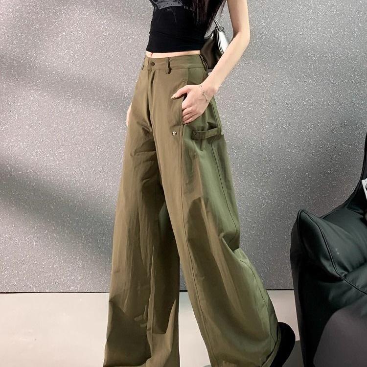 Women's American Style Green Wide-Leg Workwear Pants - Summer Loose Fit, Thin, Floor-Length, Casual 2026.