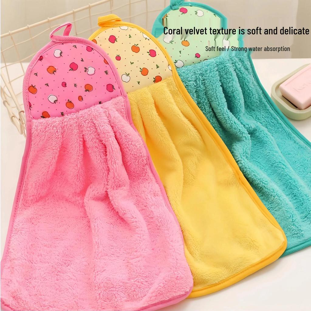 Super Absorbent Coral Fleece Hanging Hand Towel – Large, Thickened Cloth for Kitchen & Bathroom