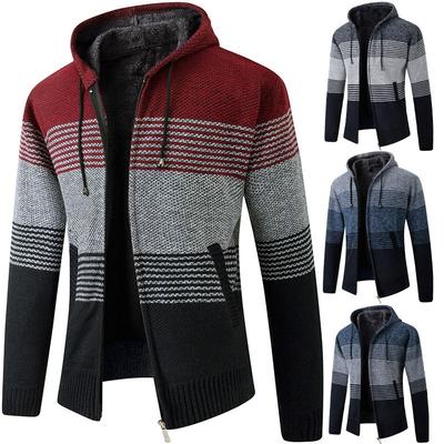 Herren Herbst Winter Gestreifte Kapuzenpullover mit Reißverschluss Strickjacken - Dicke Farbblockwarme Strickwaren für Freizeitkleidung