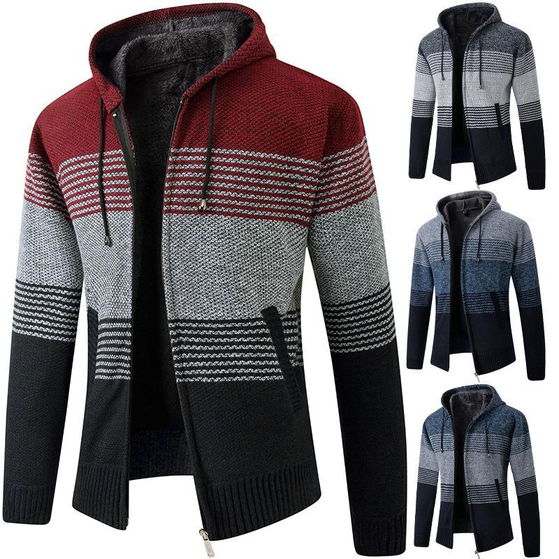Men's Autumn Winter Striped Hooded Zipper Sweater Cardigans - Thick Color-Blocked Warm Knitwear for Casual Wear