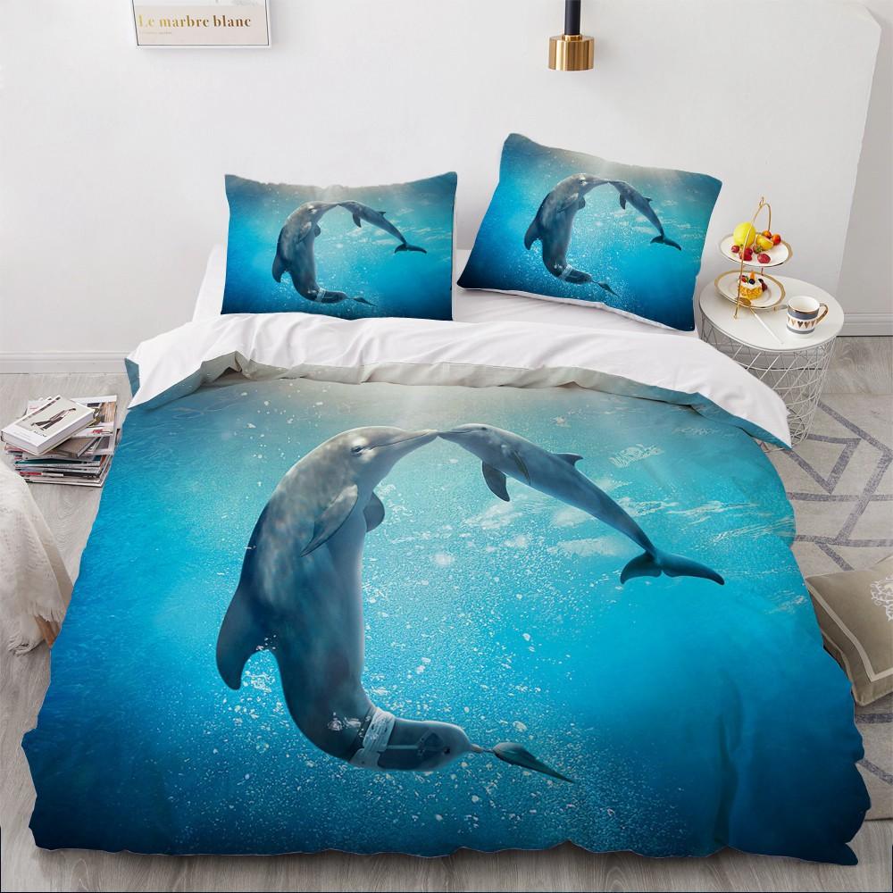 Dolphin Ocean King Queen Duvet Cover Cute 3D Sea Animal Bedding Set For Kids Teens Adults Shoal Of Fish Blue 2/3pcs Quilt Cover