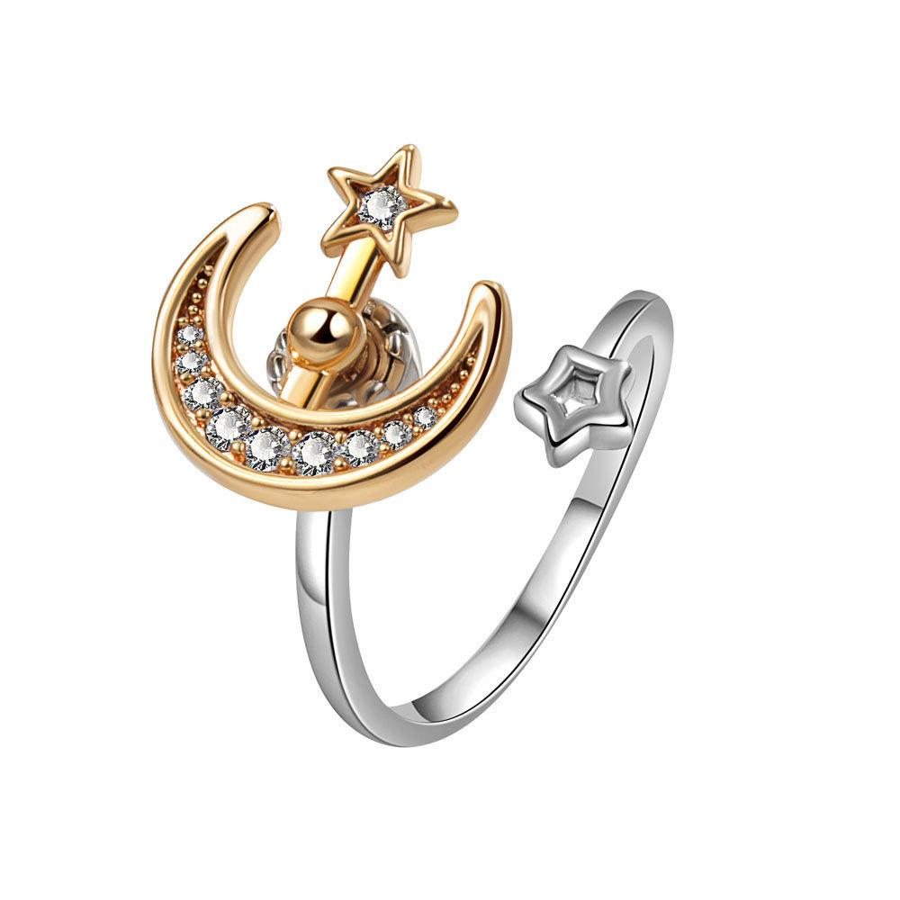 Star Moon Adjustable Ring For Women With Geometric Design And Electroplated Finish