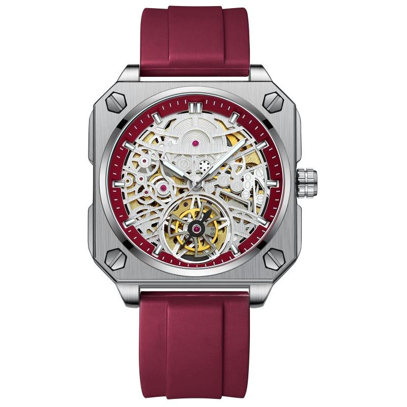 BINBOND Transparent Waterproof Luminous Watches Trendy Hollowed Out Square Men Watch Skeleton Tourbillon Fully Automatic Mechanical Wristwatch