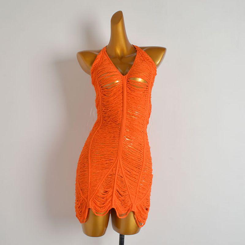 

Fashion Style Sexy Sexy Halterneck Lace-up Backless Cut Out Knitting Dress Women s Clothing Slim-Fit See-through Hip Skirt Orange color M