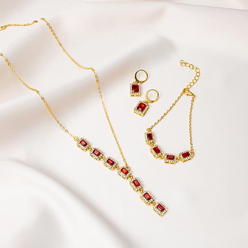 Luxury Super Flash Full Diamond Square Emerald Necklace Set, Yellow Pink Crystal Bracelet Earrings Jewelry