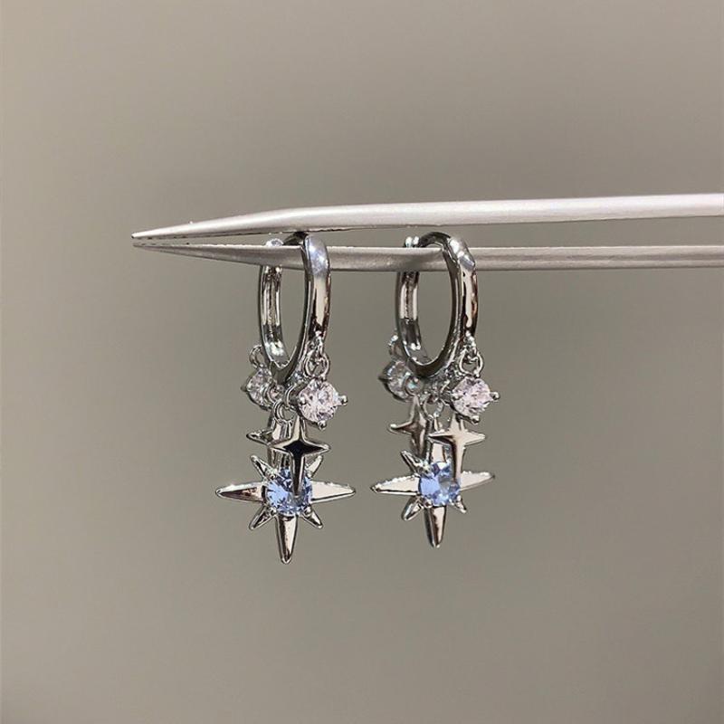 Blauer Zirkon Achtzackiger Stern Anhänger Ohrringe Für Frauen Silberfarbe Stern Quaste Ohrbügel Y2K Schmuck Geschenk