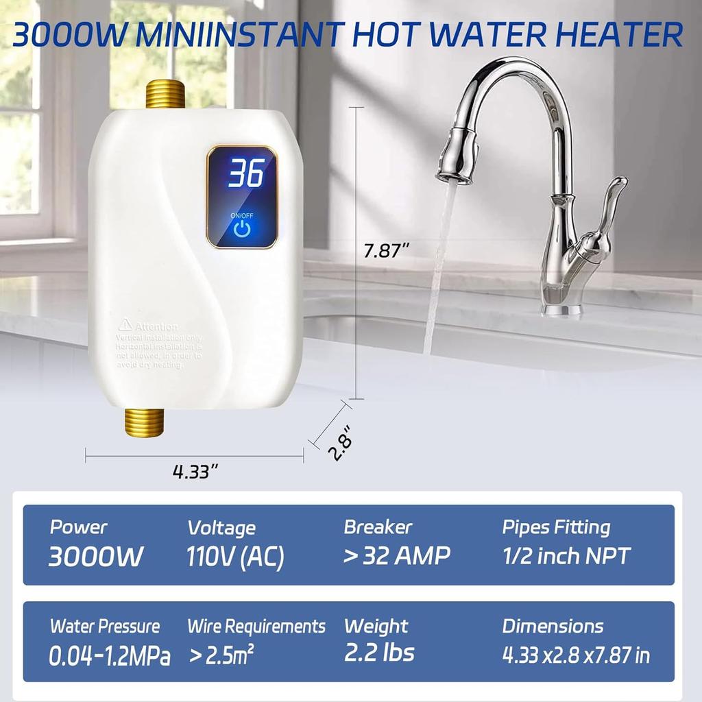 Tankless Water Heater Electric 110V, 3000W Instant Electric Water Heater, Under Sink Water Heater with Digital Display, Hot Water Heater Electric