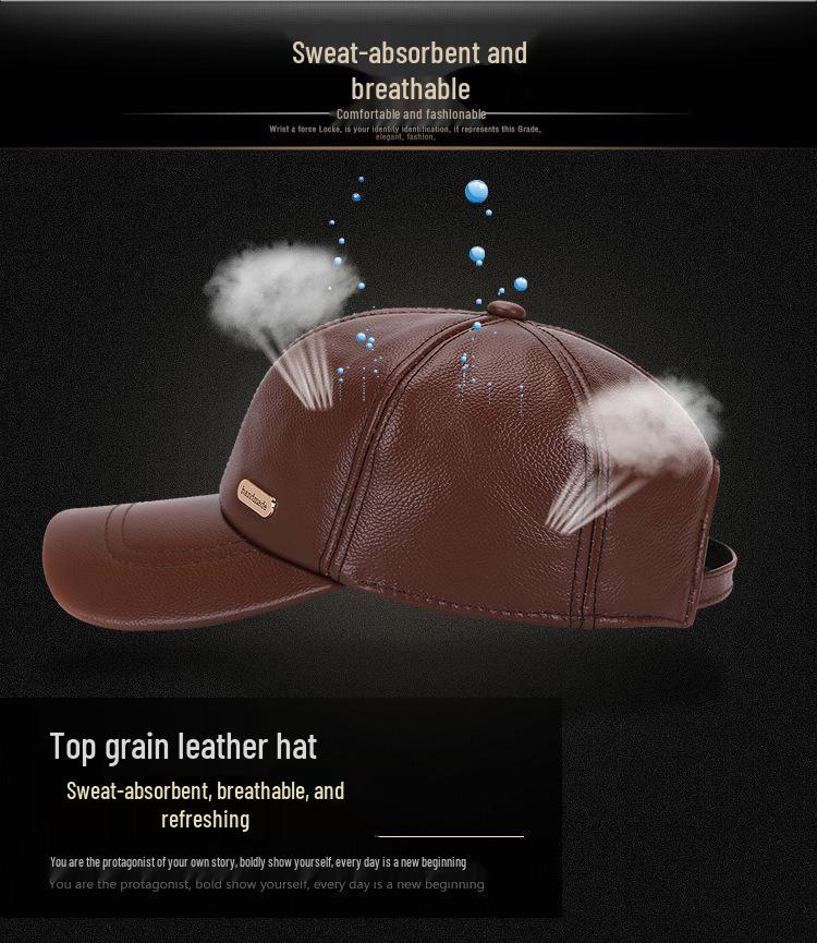 Genuine Leather Cowhide Baseball Cap with Ear Flaps, Adjustable Fleece-Lined Winter Duckbill Hat for Middle-Aged and Elderly Men.