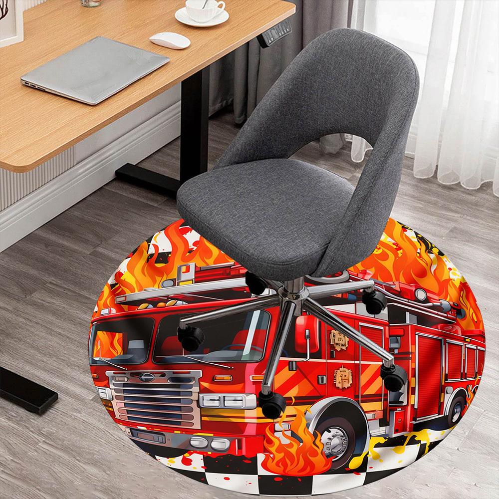 1PC Firetruck Flames Round Chair Mat Area Rug - Non-Slip, Floor Mat for Office, Bedroom, and Indoor Decor -Gift D1127234