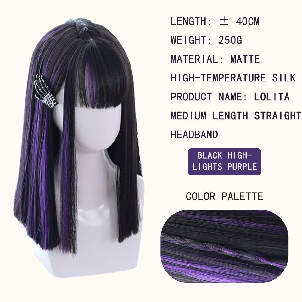 Long Ombre Colorful Synthetic Cosplay Lolita Harajuku Wig With Bangs Natural Wavy Wigs Black Highlights Purple Daily Wig