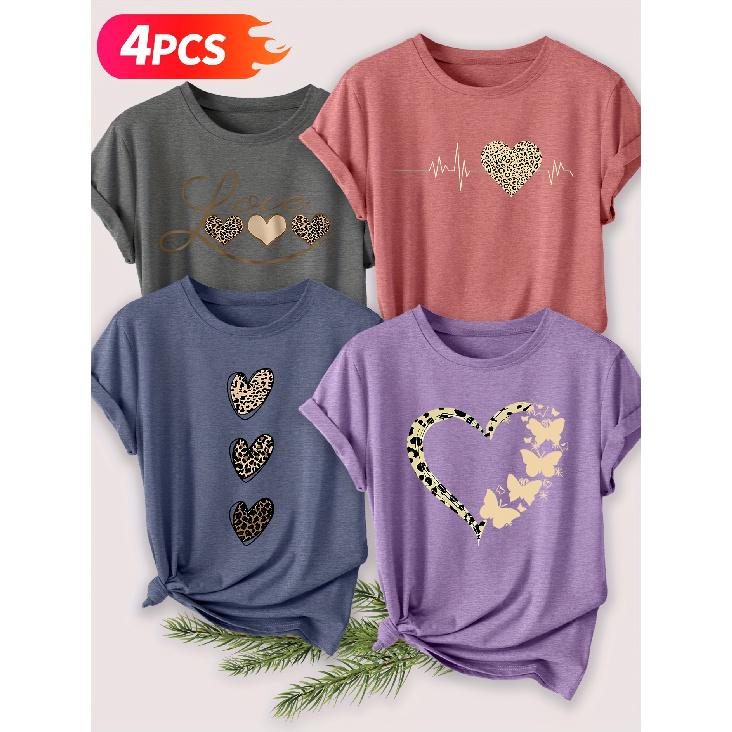 Four-piece set of elegant short-sleeved tops for women Leopard Print Heartbeat line Butterfly and other heart-themed prints fashionable S