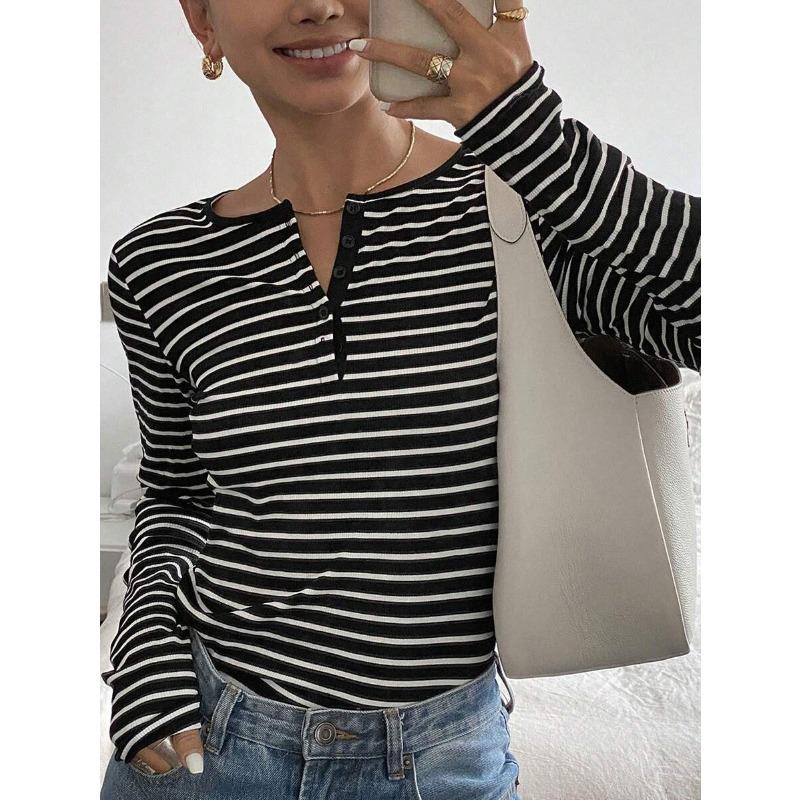 Fall New Style Striped Loose Long-sleeved T-shirt Casual Fashionable Women s Top S