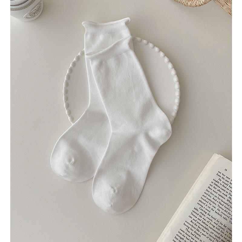 Women's Rolled Edge Mid-Calf Cotton Socks - Boneless, Elastic, Sweat-Absorbent, Breathable, Solid White, Versatile Slouch Design