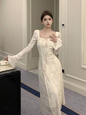 Vestido elegante francés con cuello cuadrado y mangas abullonadas para mujer, otoño e invierno, vintage, de cintura alta, ajustado, largo, elegante, con diseño de encaje, para fiesta