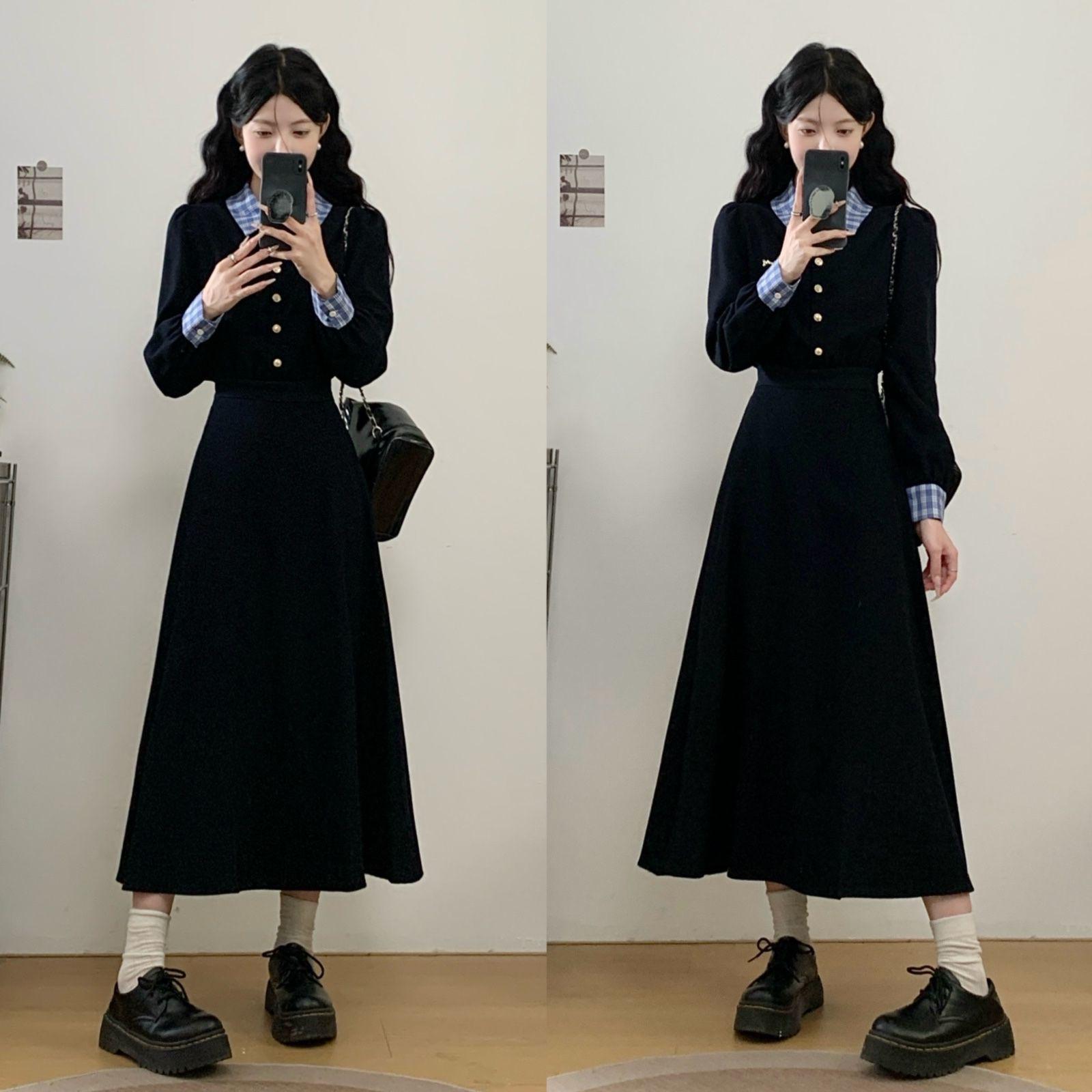 

French Plaid Patchwork POLO Collar Dress for Women - New Plus Size Autumn Arrival, Slimming Waist-Cinched Design. XL (120-140 lbs recommended)