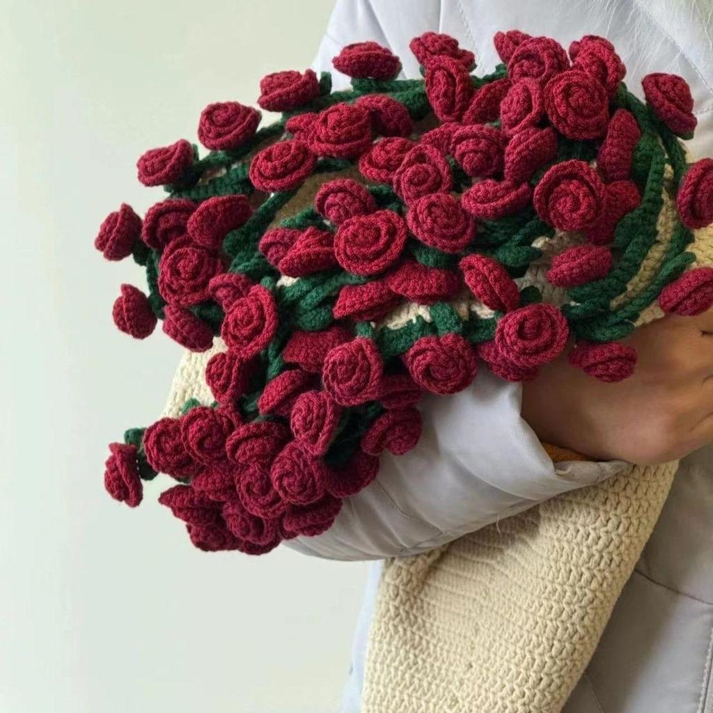 Handmade Knitted Rose Bouquet Round Crochet Flower Blanket