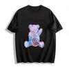 Tie Dye Bobby Bear Print T-shirt Unisex Loose Fit Casual Tee With Chinese Character & Trendy Letters Pure Cotton T-shirt