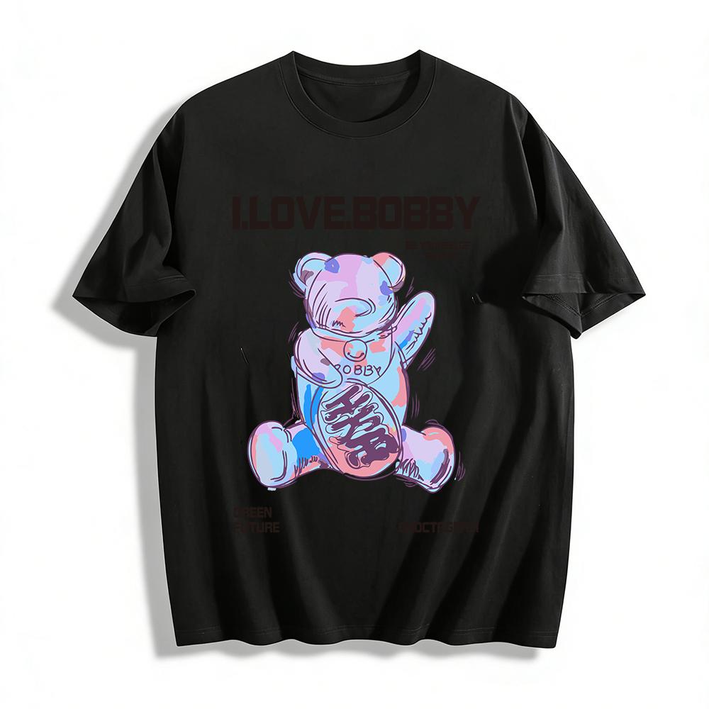 

Tie Dye Bobby Bear Print T-shirt Unisex Loose Fit Casual Tee With Chinese Character & Trendy Letters Pure cotton T-shirt XXS