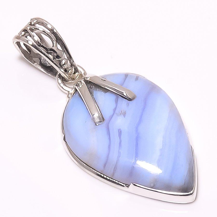 Natural Blue Lace Agate Gemstone 925 Solid Sterling Silver Pendant 1.77" I3d98