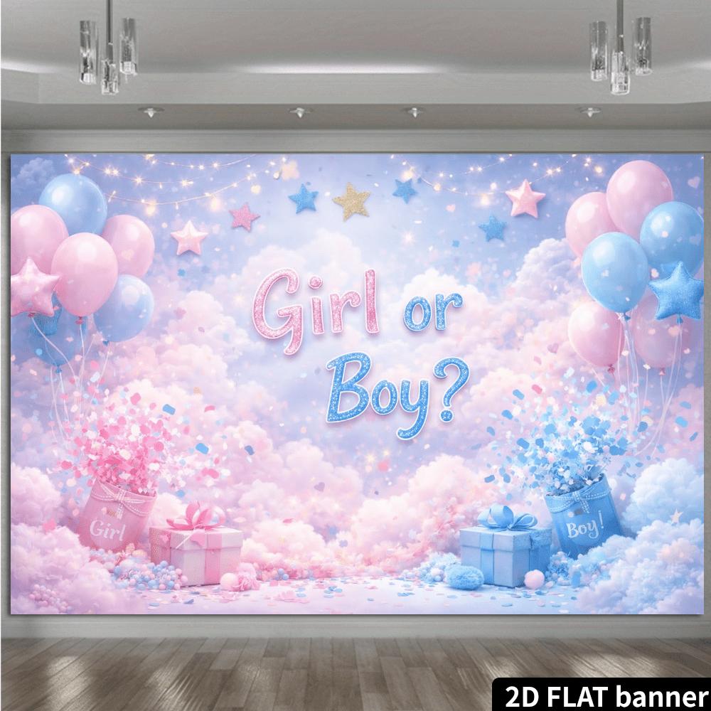 2D flat party banner background with soft cloud and balloon patterns, featuring the bold "Girl or Boy?" text at the center