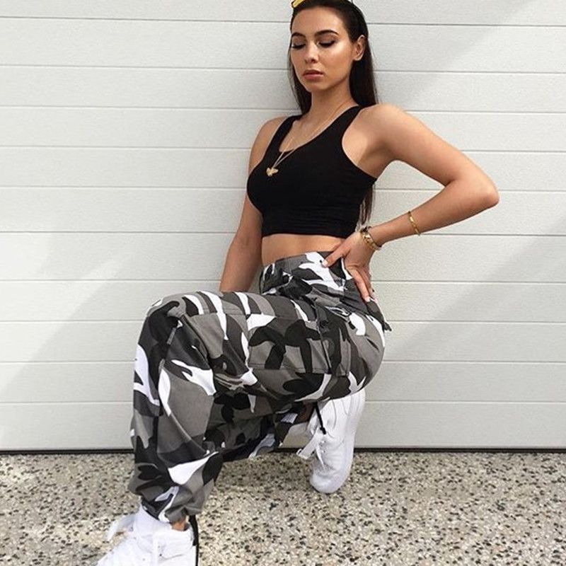 Printed Bucket Side Pocket Loose Pants Printing Series Buckle Side Pocket Loose Pants Female