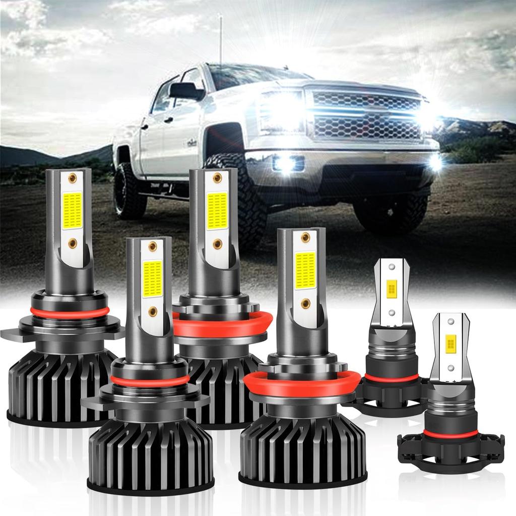 Fit For Chevy Silverado 1500 2500HD 2007-, 9005 H11 Bulbs,9005+H11 High & Low Beam Bulbs, 5202 Fog Lights, 500% Brightness, 6000K White,Plug and