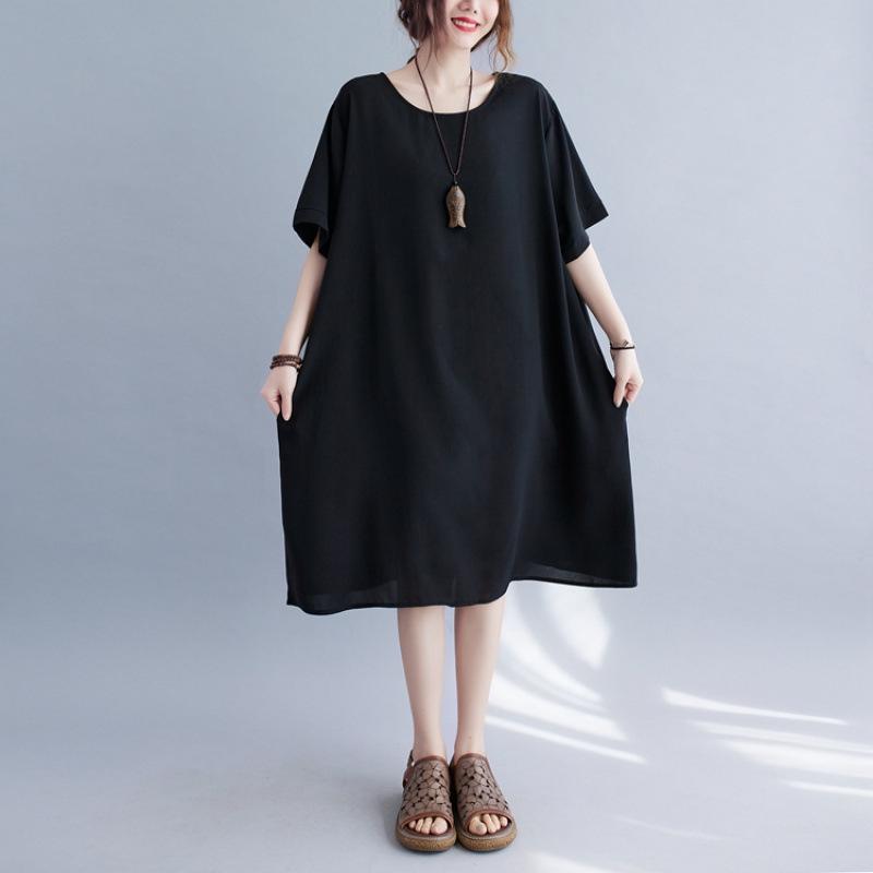 Black Round Neck Short Sleeve Loose Plus Size Cotton Linen Dress Plus Size Uniform