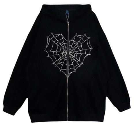 Colored Spider Web Street Hip Hop Gothic Harajuku Y2k Black Zipper Hoodie Women, Harajuku Jacket Sweater Women