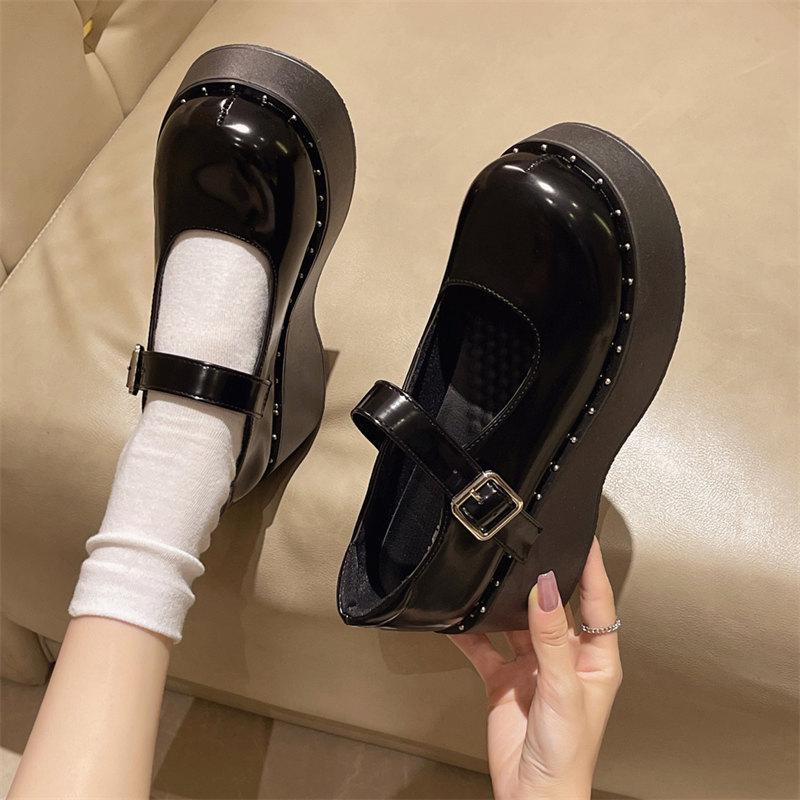 Fashion Patent Leather Thick Heeled Mary Jane Shoes Women Chunky Platform High Heels Women's Sweet Buckle Strap Round Toe Single Shoes