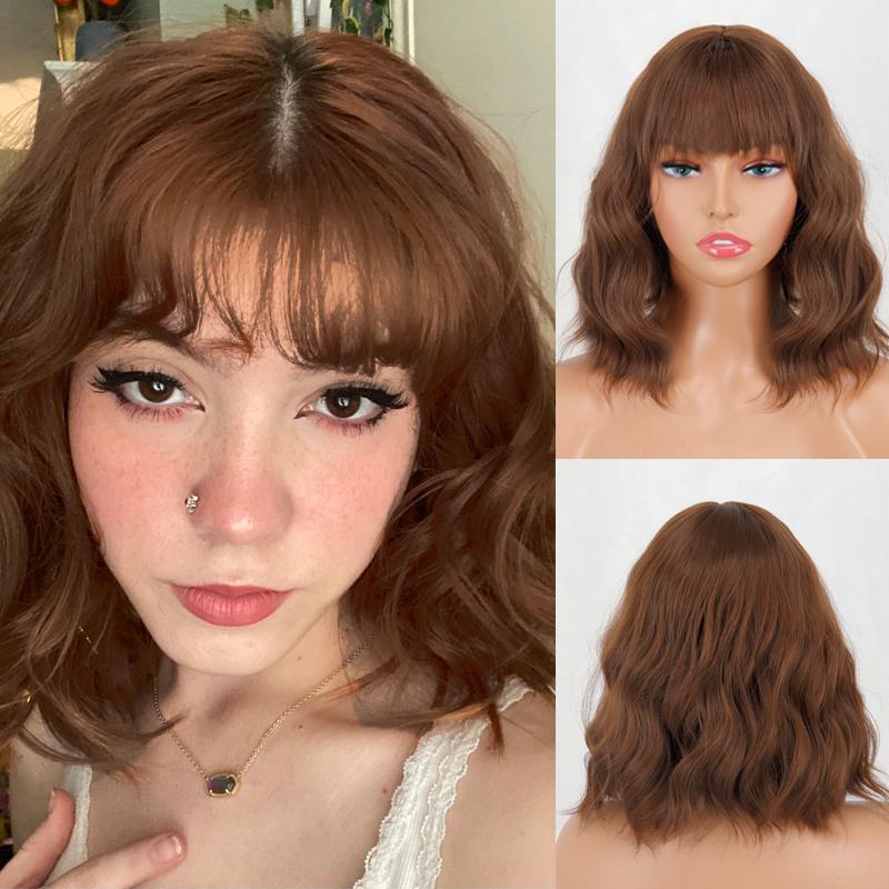 MERISIHAIR Women Short Bob Natural Wavy Pink Wig with Bangs Synthetic Fiber Short Water Wave Wig Daily Wear Cosplay