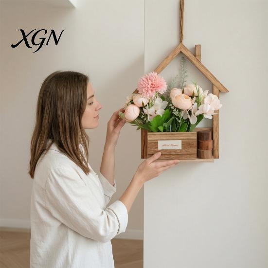 Rustic Home Wall Decoration Wooden Planter, Creative Hanging Flower Pot Basket for Indoor Plants Decorative Faux Flowers, Decor Living Room