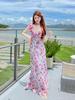 Korean Slimming Floral Print Dress, Waist-Cinched, Mint Rose Island, Double Layer Lace, Two-Way V-Neck (2026)