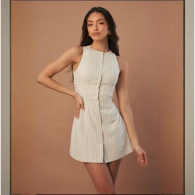 

Мода Новое поступление Мода Полоски Пуговица Шнуровка Приталенное Короткое Платье Платье В Полоску На Шнуровке Champagne M